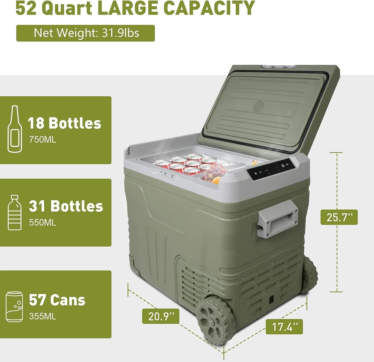 12 Volt 52 Quart Dual Zone Car Refrigerators, -4℉~68℉, Portable Freezer Electric Cooler 12/24V DC & 100-240V AC