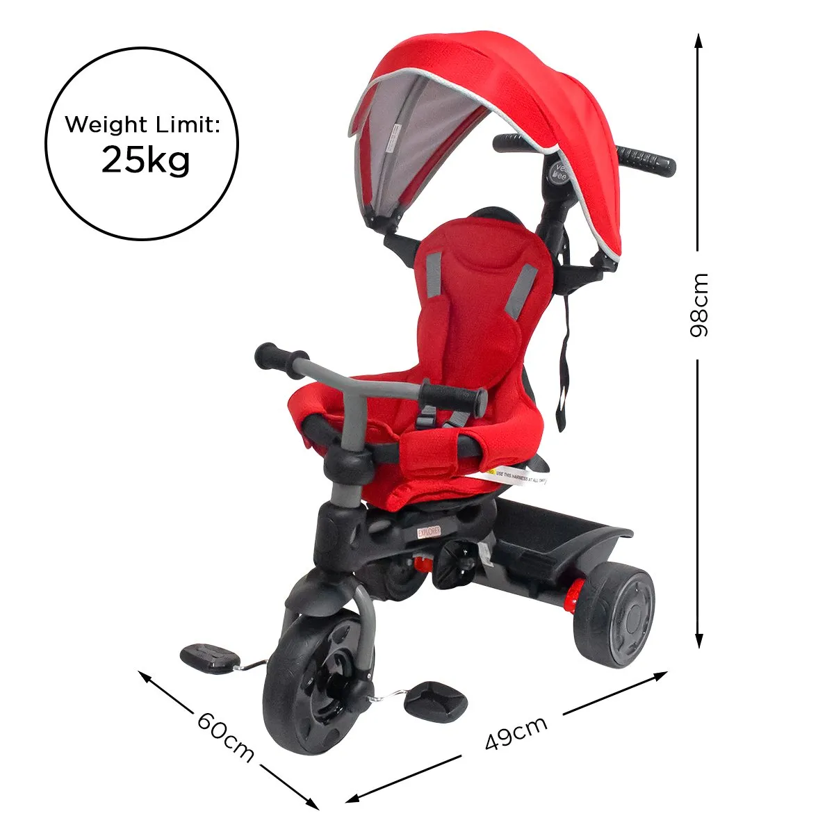 3-stage Kids Trike With Canopy - Red | Veebee Explorer