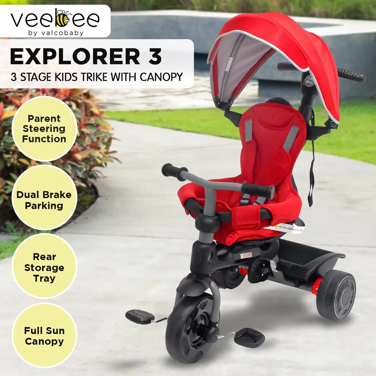 3-stage Kids Trike With Canopy - Red | Veebee Explorer
