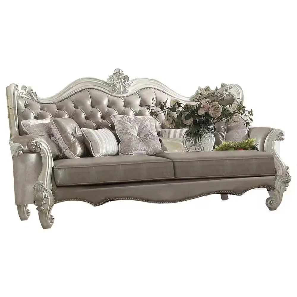 90 Vintage Gray Faux Leather And Bone Sofa With Seven Toss Pillows