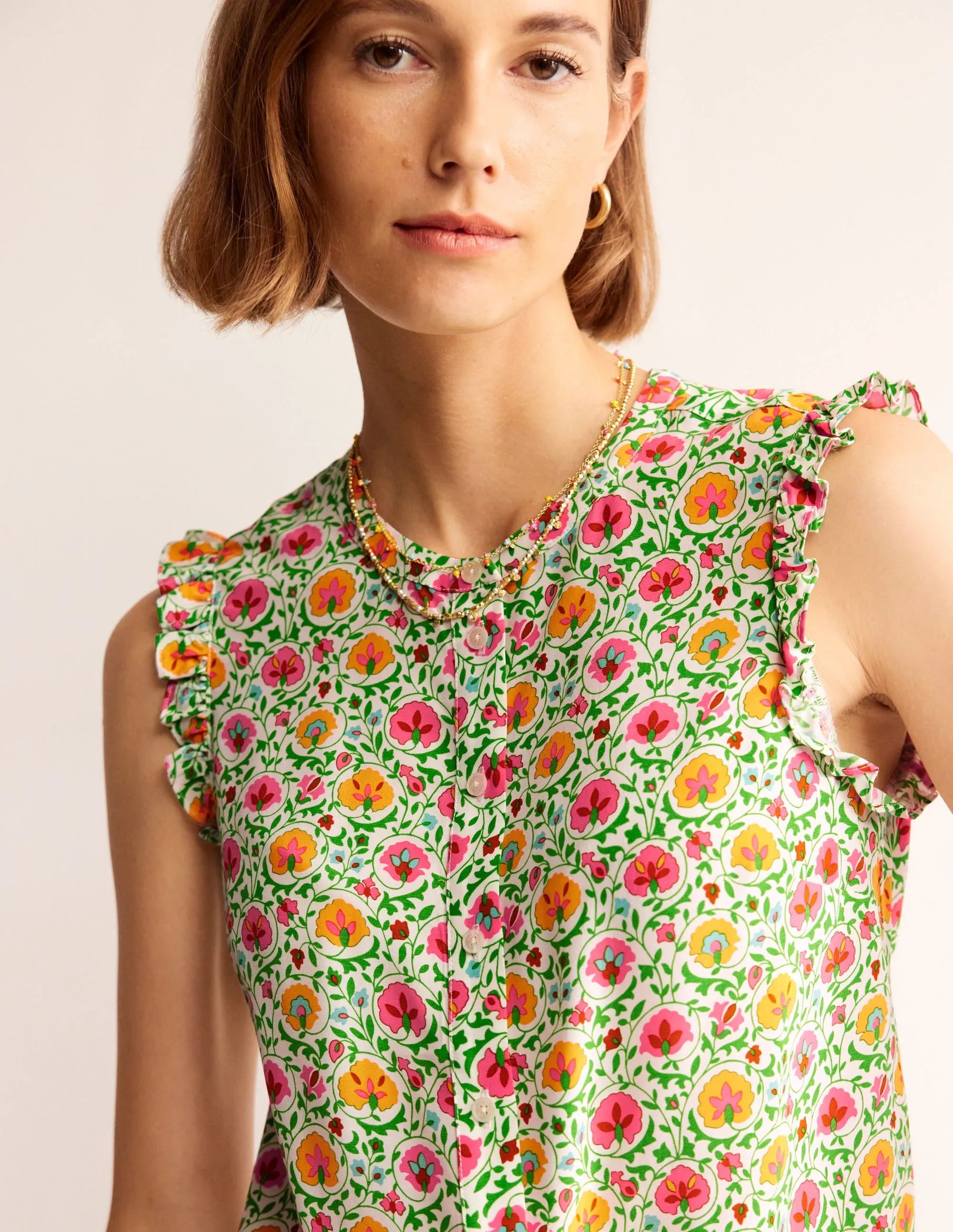Alicia Button Down Top-Green, Enchanting Bloom