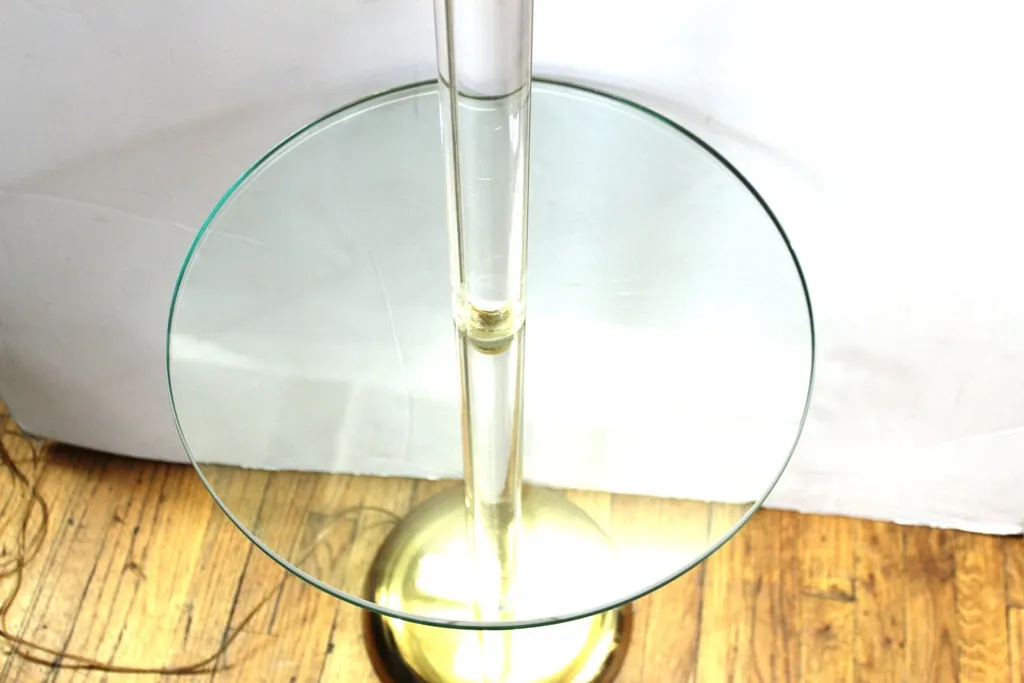 Modern Floor Lamp with Attached Side Table in Glass, Lucite and Brass
