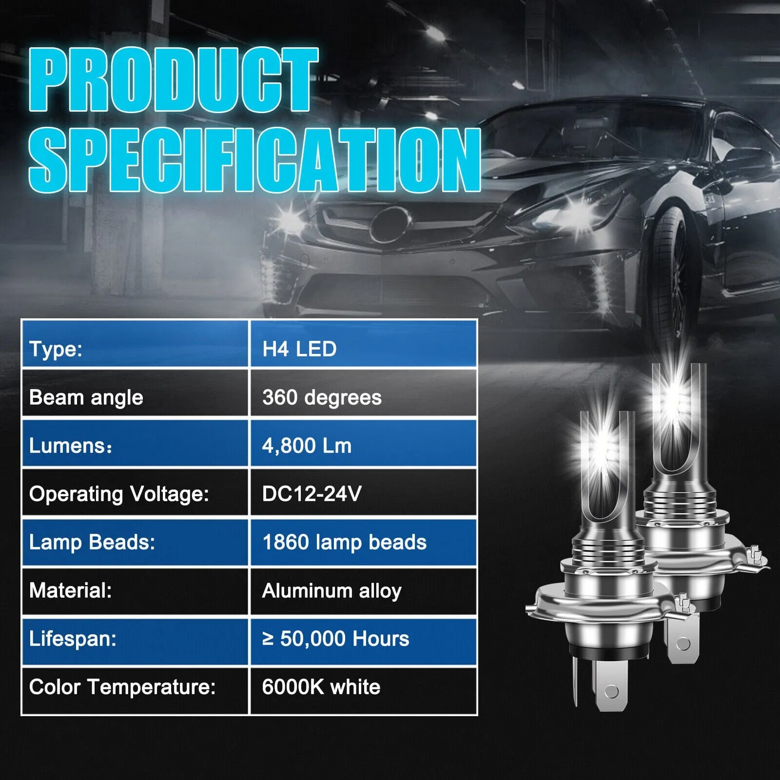 NSILux™ H4 LED Fog Driving Light Kit: 9003 Hi-Low Beam, 6000K Super Bright White