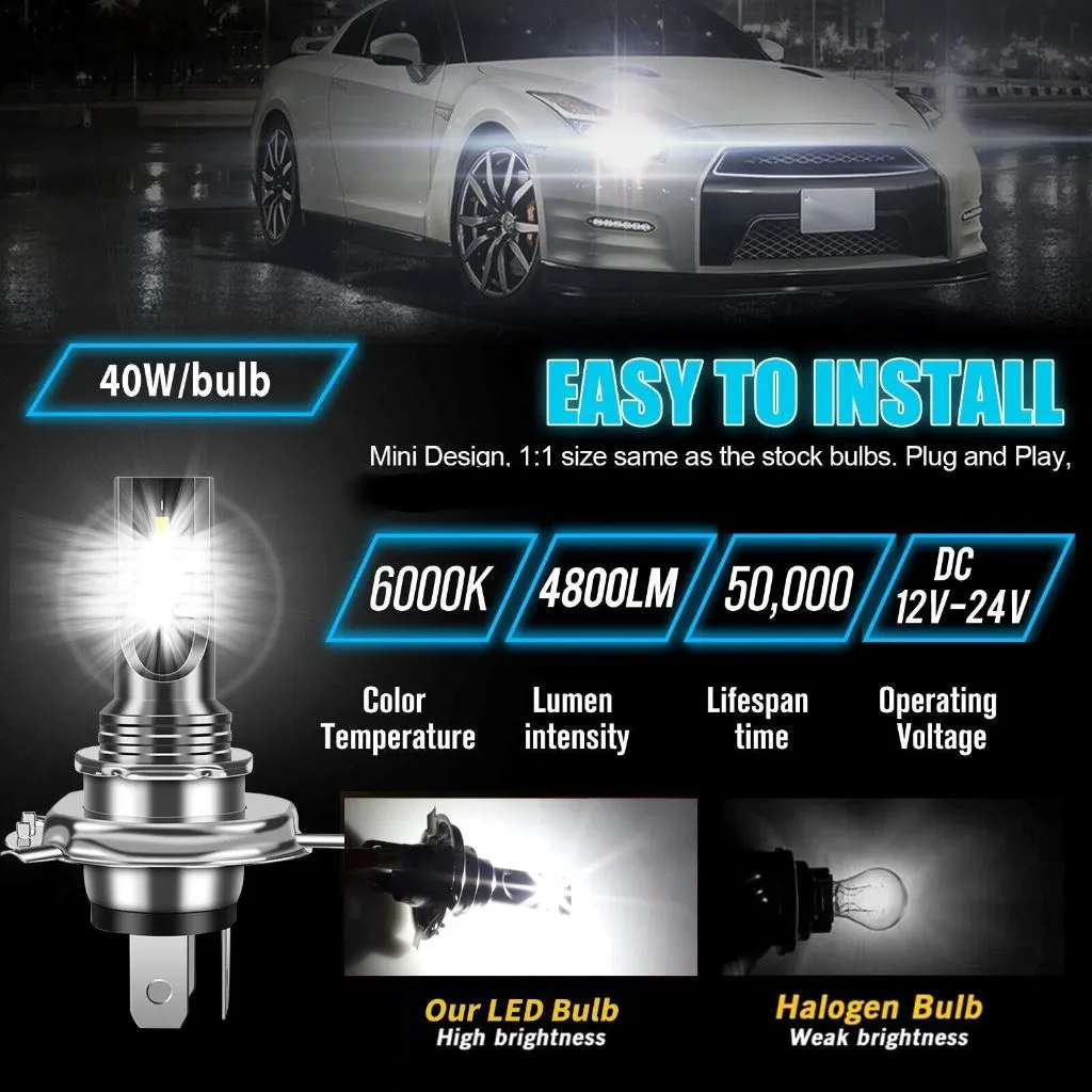 NSILux™ H4 LED Fog Driving Light Kit: 9003 Hi-Low Beam, 6000K Super Bright White