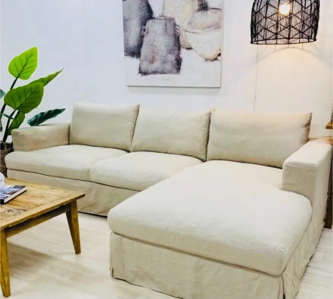 Sofa With Chaise Beige Linen